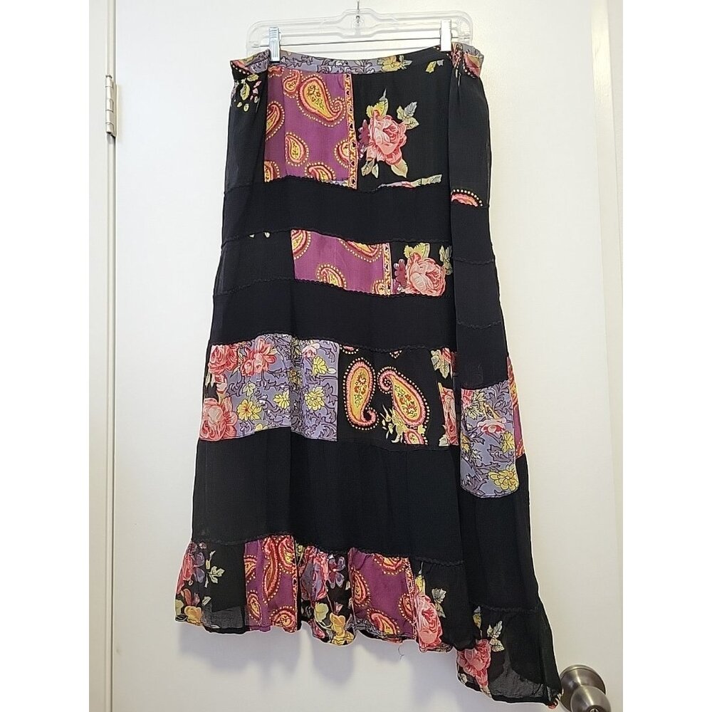 Shelly & Arnold Vintage Skirt Maxi Patchwork Tiered  Black Paisley Floral Large